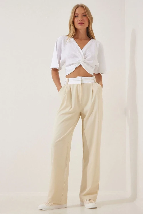 Bej Yüksek Bel Çift Cepli Palazzo Pantolon BCBSK-25700-K7220