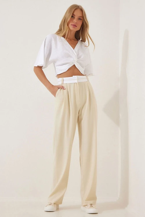 Bej Yüksek Bel Çift Cepli Palazzo Pantolon BCBSK-25700-K7220