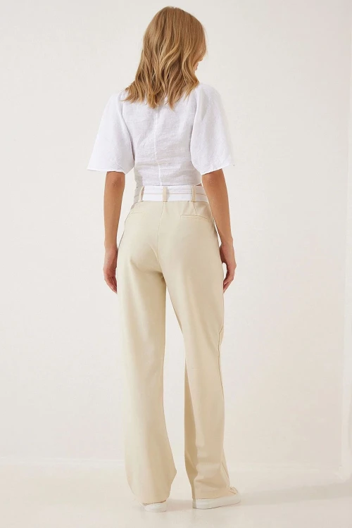 Bej Yüksek Bel Çift Cepli Palazzo Pantolon BCBSK-25700-K7220