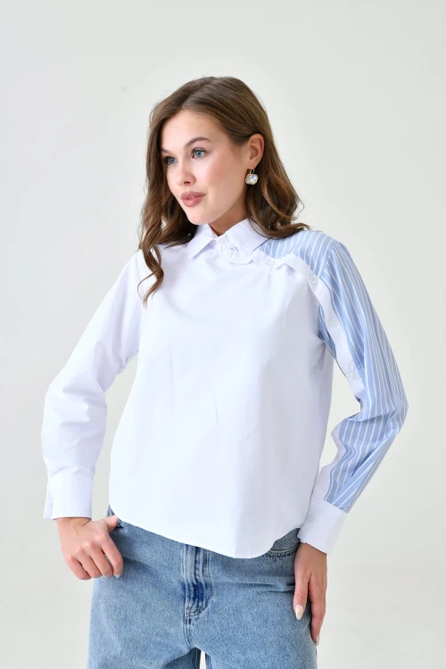 Beyaz Mavi Özel Tasarım Poplin Dokuma Gömlek BC24YG1069