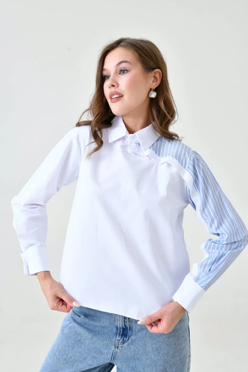 Beyaz Mavi Özel Tasarım Poplin Dokuma Gömlek BC24YG1069