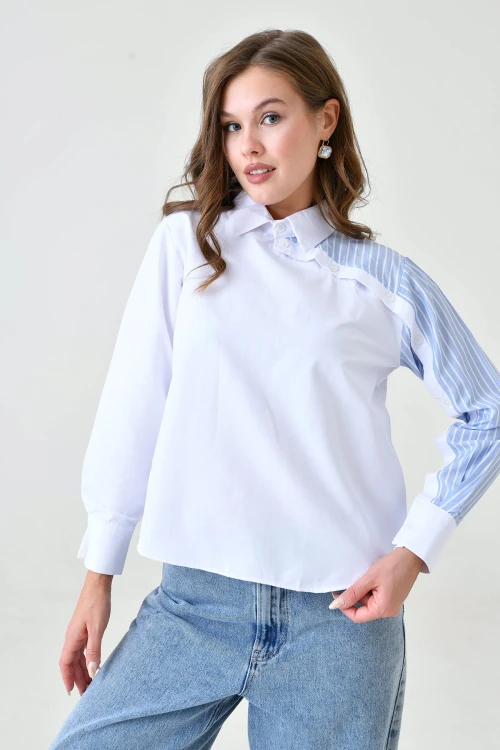 Beyaz Mavi Özel Tasarım Poplin Dokuma Gömlek BC24YG1069