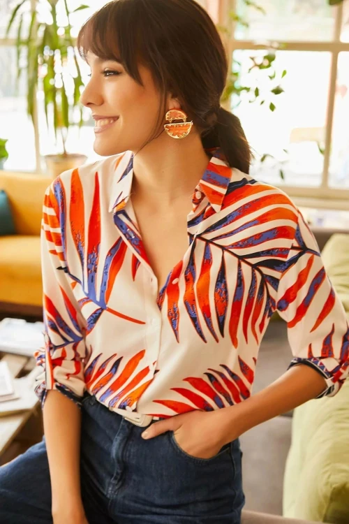 Ekru Kısa Kol Dokuma Gömlek BCBSK-25700-K5297