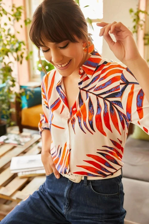 Ekru Kısa Kol Dokuma Gömlek BCBSK-25700-K5297