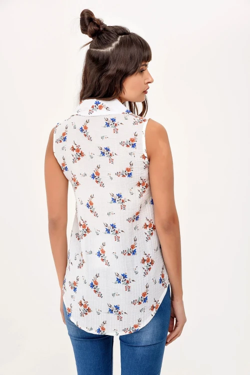 Ekru Kolsuz Çieçek Desenli Gömlek BCBSK-25650-2346