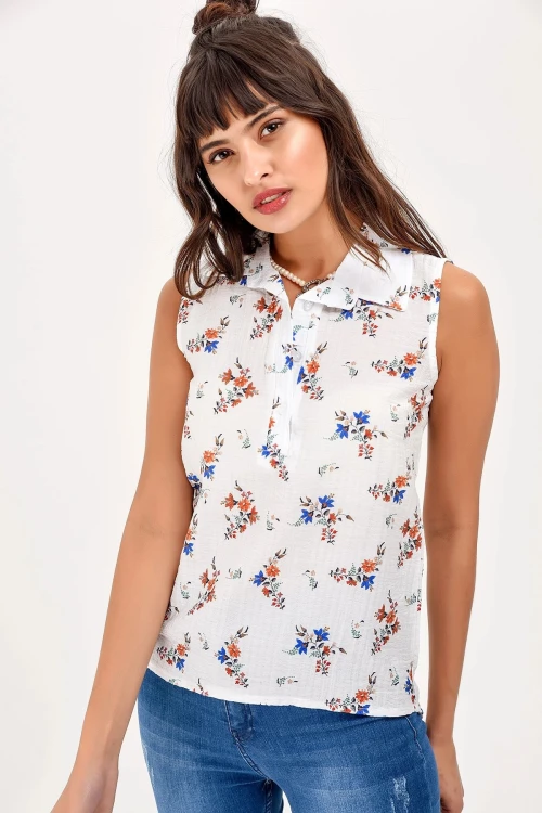 Ekru Kolsuz Çieçek Desenli Gömlek BCBSK-25650-2346