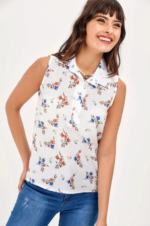 Ekru Kolsuz Çieçek Desenli Gömlek BCBSK-25650-2346