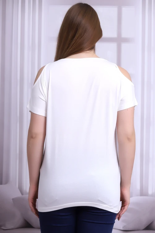 Ekru Omuzu Açık Halka Aksesuarlı Kısa Kol Büyük Beden Bluz CO-25B21399903