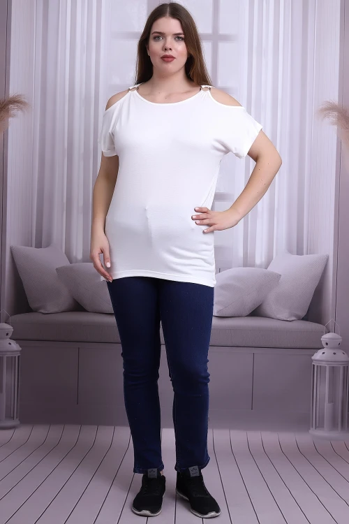 Ekru Omuzu Açık Halka Aksesuarlı Kısa Kol Büyük Beden Bluz CO-25B21399903