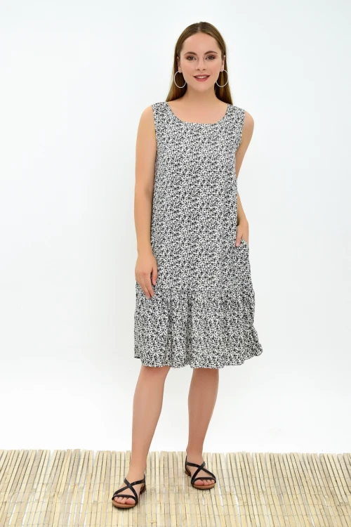 Ekru Siyah Fırfırlı Cepli Kolsuz Dokuma Elbise CO-2593030322