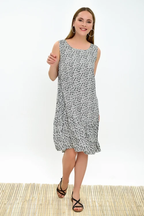 Ekru Siyah Fırfırlı Cepli Kolsuz Dokuma Elbise CO-2593030322