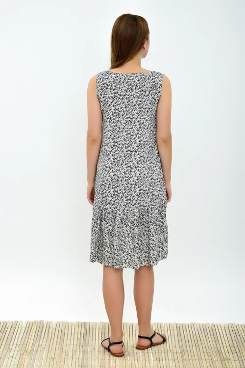 Ekru Siyah Fırfırlı Cepli Kolsuz Dokuma Elbise CO-2593030322