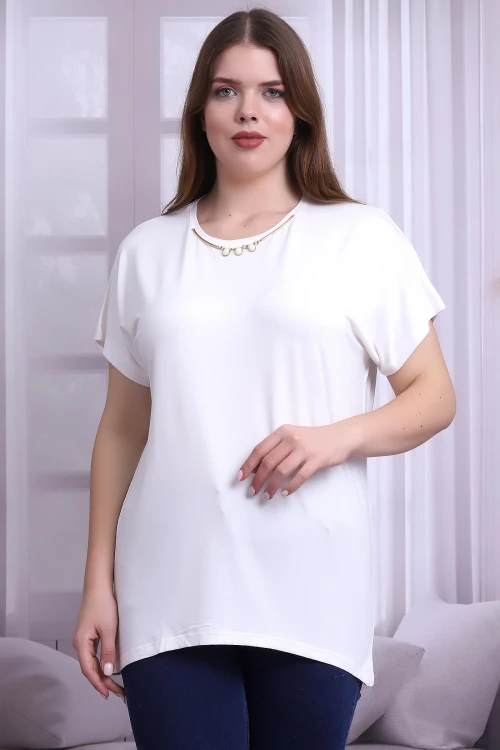 Ekru Yaka Taş Aksesuarlı Kısa Kol Büyük Beden Bluz CO-25B21399901