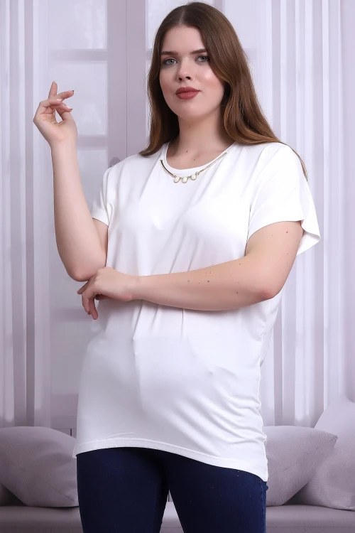 Ekru Yaka Taş Aksesuarlı Kısa Kol Büyük Beden Bluz CO-25B21399901