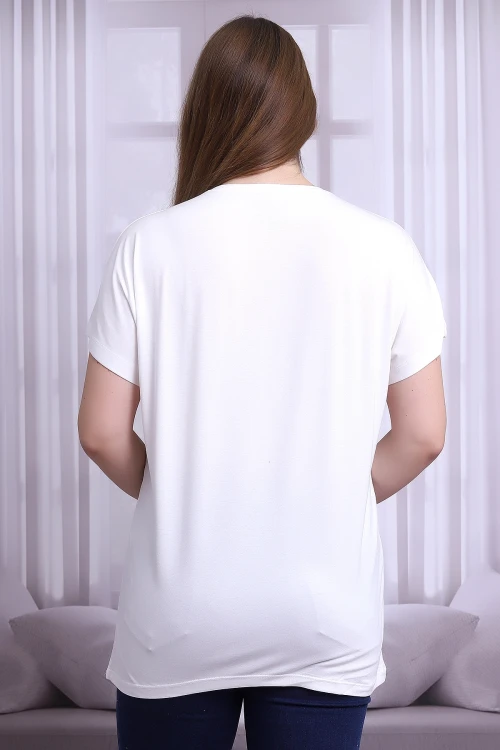 Ekru Yaka Taş Aksesuarlı Kısa Kol Büyük Beden Bluz CO-25B21399901