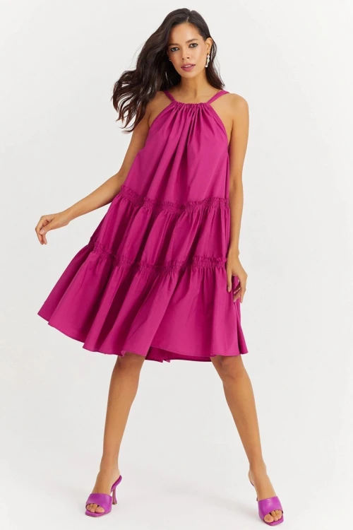 Fuşya Halter Eteği Katlı Fırfırlı Poplin Kiloş Elbise BCBSK-25700-K7172