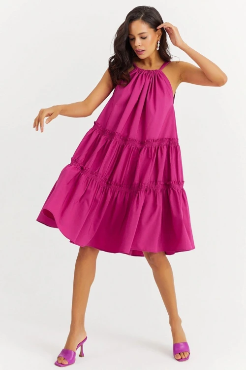 Fuşya Halter Eteği Katlı Fırfırlı Poplin Kiloş Elbise BCBSK-25700-K7172