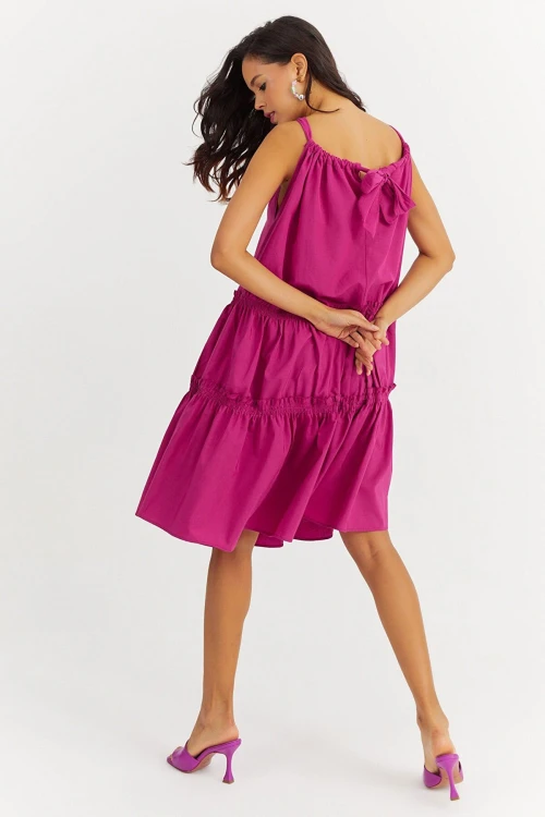 Fuşya Halter Eteği Katlı Fırfırlı Poplin Kiloş Elbise BCBSK-25700-K7172