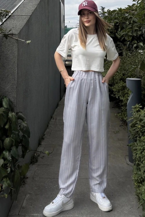 Gri Duble Paça Çizgili Dokulu Pantolon BCBSK-25700-3277