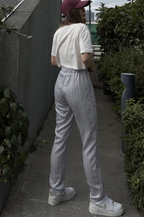 Gri Duble Paça Çizgili Dokulu Pantolon BCBSK-25700-3277