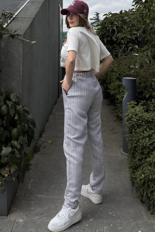 Gri Duble Paça Çizgili Dokulu Pantolon BCBSK-25700-3277