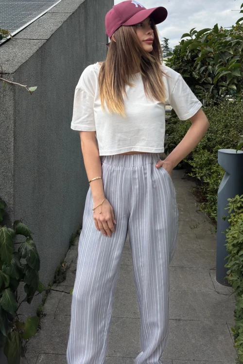 Gri Duble Paça Çizgili Dokulu Pantolon BCBSK-25700-3277