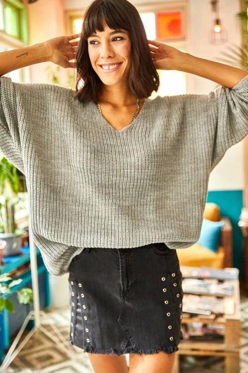 Gri V Yaka Selanik Örgü Triko Kazak BCBSK-25700-K7107