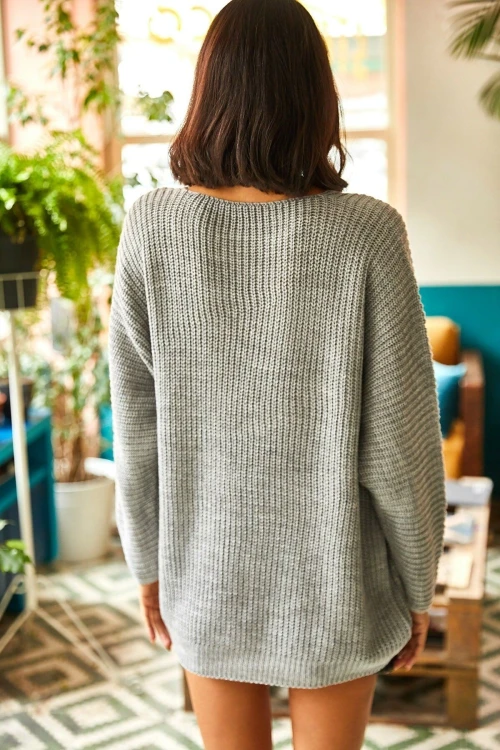 Gri V Yaka Selanik Örgü Triko Kazak BCBSK-25700-K7107