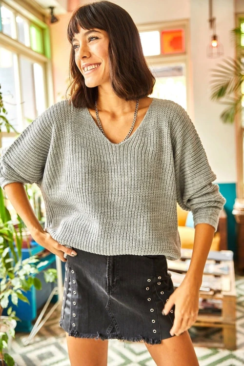 Gri V Yaka Selanik Örgü Triko Kazak BCBSK-25700-K7107