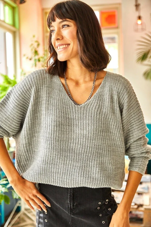 Gri V Yaka Selanik Örgü Triko Kazak BCBSK-25700-K7107