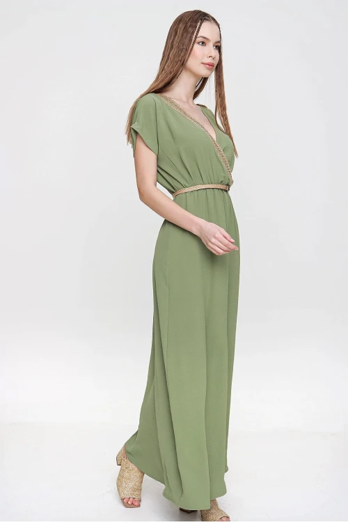 Haki Airobin Omzu Tokalı Hasır Detaylı Beli Büzgülü Uzun Elbise BCBSK-25700-3127