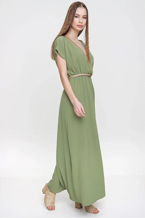 Haki Airobin Omzu Tokalı Hasır Detaylı Beli Büzgülü Uzun Elbise BCBSK-25700-3127