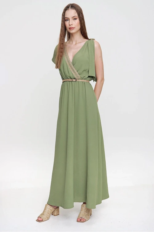Haki Airobin Omzu Tokalı Hasır Detaylı Beli Büzgülü Uzun Elbise BCBSK-25700-3127