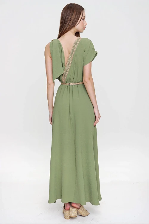 Haki Airobin Omzu Tokalı Hasır Detaylı Beli Büzgülü Uzun Elbise BCBSK-25700-3127