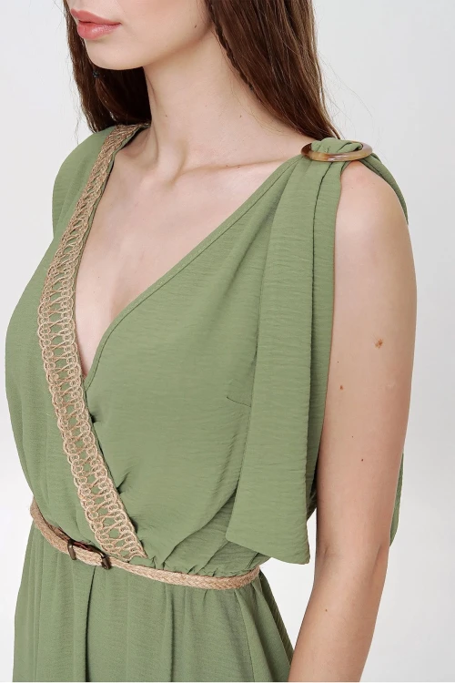 Haki Airobin Omzu Tokalı Hasır Detaylı Beli Büzgülü Uzun Elbise BCBSK-25700-3127