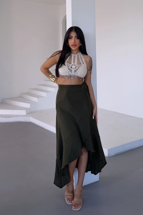 Haki Beli Bağlamalı Volanlı Kloş Muslin Dokuma Etek BCBT-251006