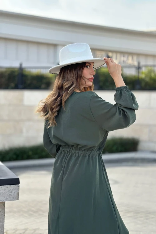 Haki Beli Lastikli Kruvaze Elbise BCBSK-25700-3431