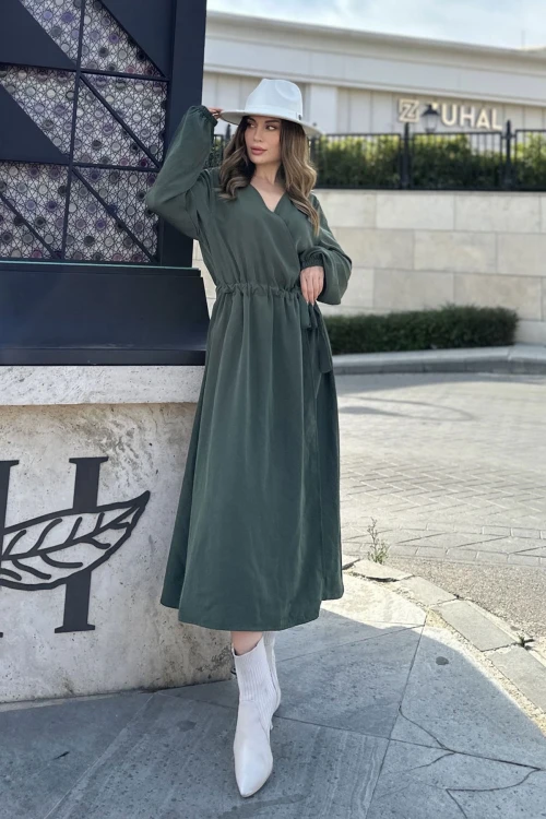 Haki Beli Lastikli Kruvaze Elbise BCBSK-25700-3431