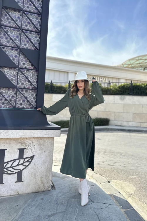 Haki Beli Lastikli Kruvaze Elbise BCBSK-25700-3431