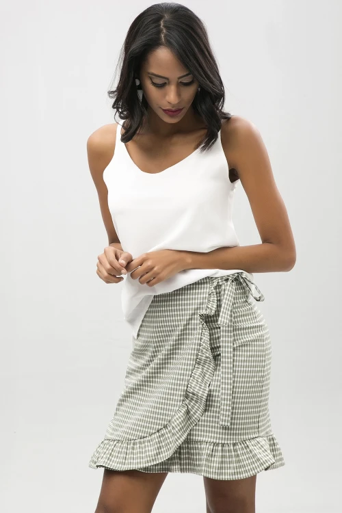 Haki Diz Üstü Eteği Fırfırlı Beli Bağlamalı Kruvaze Etek BCBSK-25650-2202