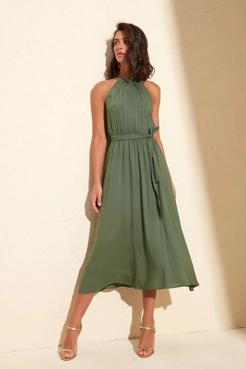 Haki Halter Yaka Omuz Dekolteli Beli Bağlamalı Elbise BCBSK-25700-K5330