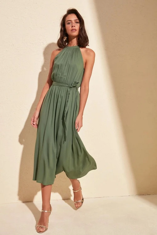 Haki Halter Yaka Omuz Dekolteli Beli Bağlamalı Elbise BCBSK-25700-K5330