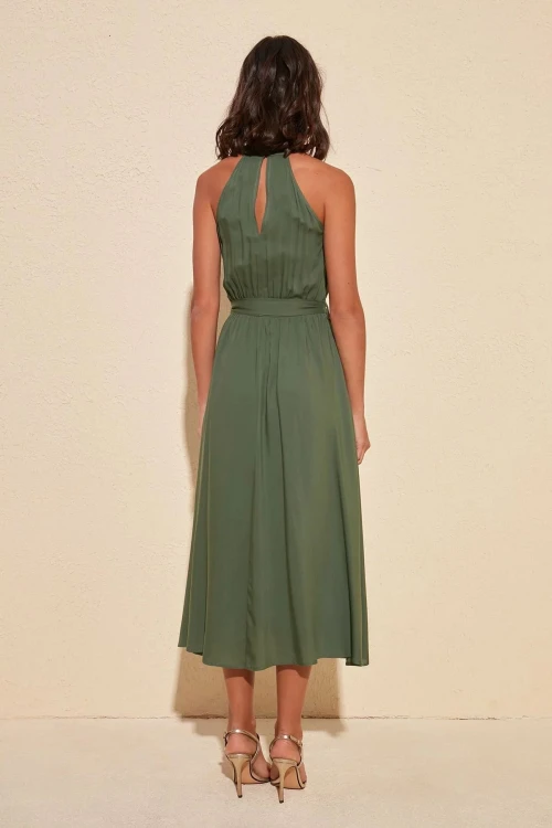 Haki Halter Yaka Omuz Dekolteli Beli Bağlamalı Elbise BCBSK-25700-K5330