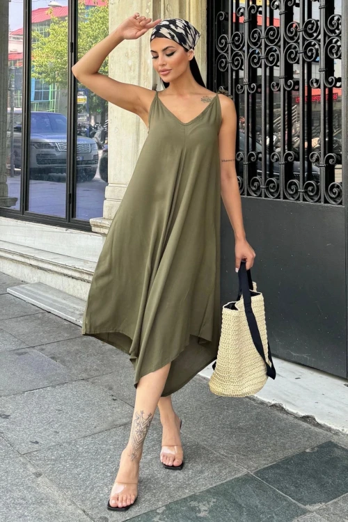 Haki V Yaka Kolsuz Elbise BCBSK-25700-H5002