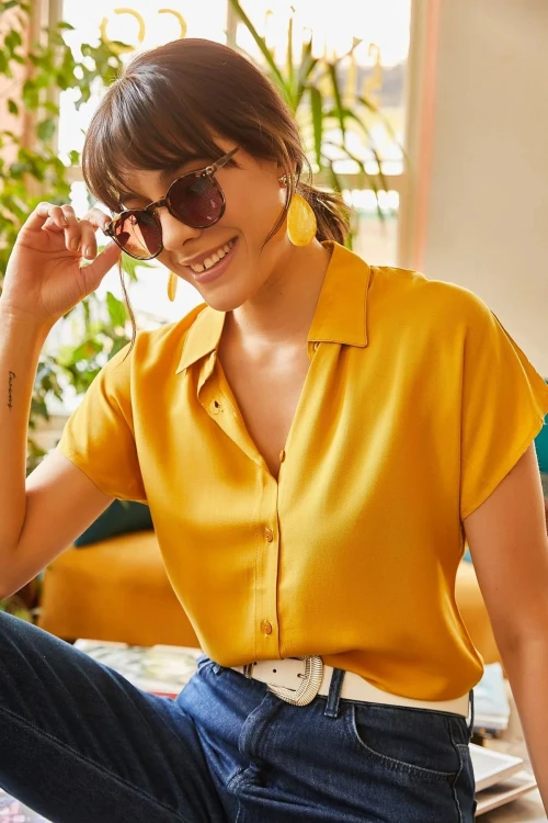 Hardal Kısa Kol Dokuma Gömlek BCBSK-25700-K5294