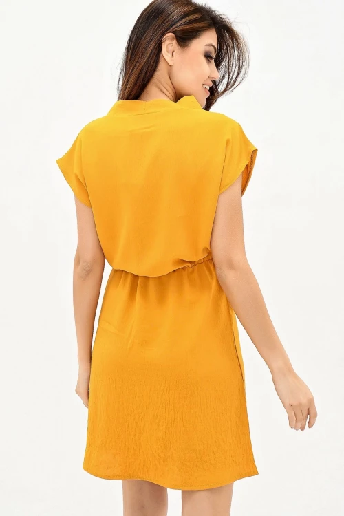 Hardal V Yaka Bloklu Beli Lastikli Elbise BCBSK-25700-2855