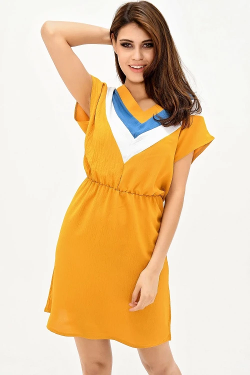 Hardal V Yaka Bloklu Beli Lastikli Elbise BCBSK-25700-2855