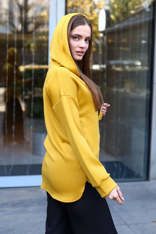 Hardal V Yaka Kapüşonlu Arkası Uzun Scuba Salaş Sweatshirt BCBSK-25700-3506