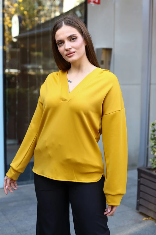 Hardal V Yaka Kapüşonlu Arkası Uzun Scuba Salaş Sweatshirt BCBSK-25700-3506