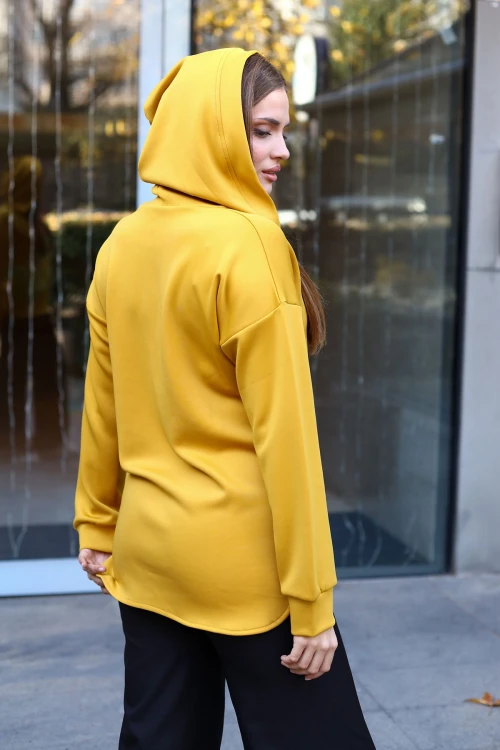 Hardal V Yaka Kapüşonlu Arkası Uzun Scuba Salaş Sweatshirt BCBSK-25700-3506